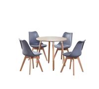 Life Interiors 5Pcs Dining Set - An Oak Round Dining Table & Set Of 4 Grey Lorenzo Tulip Chairs With Padded Seat