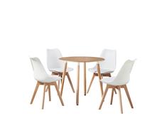 Life Interiors 5PCs Dining Set - an Oak Round Dining Table & Set of 4 White Lorenzo Tulip chairs with Padded Seat - Plastic - White - Dining Sets