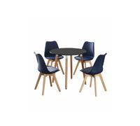 Life Interiors Halo Lorenzo Dining Set - A Black Round Wooden Dining Table And Set Of 4 Plastic Dining Chairs With Padded Cushions - Blue, Blue