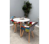 Life Interiors Patchwork Halo Dining Set for 2 - a Round Dining Table & Set of 2 Fabric Dining Chairs with Armrests in White Life Interiors White