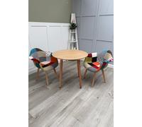 Life Interiors Patchwork Halo Dining Set for 2 - a Round Dining Table & Set of 2 Fabric Dining Chairs with Armrests in Light Brown Life Interiors Light Brown