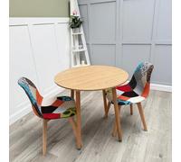 Life Interiors Patchwork Halo Round Dining Set With An Oak Round Dining Table And Set Of 2 Multicolored Fabric Chairs