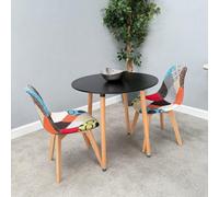 Life Interiors Patchwork Halo Round Dining Set With Black Round Dining Table And Set Of 2 Multicolored Fabric Chairs