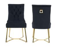 Life Interiors Set of 2 Ambra Modern Velvet Dining Chairs with Gold Legs & Ring Handle - Tufted Back, Plush Foam Seat, Luxury Accent Chair - Velvet - Black - Modern