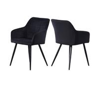Life Interiors Set Of 2 Black Camden Modern Velvet Dining Chairs With Armrests, Quilted Design & Black Metal Legs