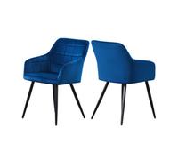 Life Interiors Set Of 2 Blue Camden Modern Velvet Dining Chairs With Armrests, Quilted Design & Black Metal Legs