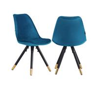 Life Interiors Set Of 2 Blue Sofia Ergonomic Modern Dining Chairs Upholstered In Velvet, Metal Legs With Gold End Tips