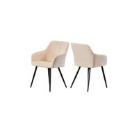 Life Interiors Set of 2 Camden Modern Velvet Dining Chairs with Armrests, Quilted Design & Black Metal Legs in Cream Life Interiors Cream
