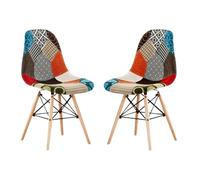 Life Interiors Set of 2 Colorful Patchwork Accent Chairs with Wooden Legs and Metal Wire Frame Mid-Century Modern Dining Chair - Fabric - Multicolor - Retro