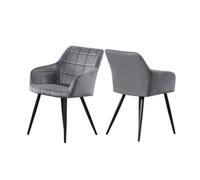 Life Interiors Set Of 2 Dark Grey Camden Modern Velvet Dining Chairs With Armrests, Quilted Design & Black Metal Legs