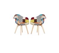 Life Interiors Set Of 2 Patchwork Fabric Upholstered Accent Chairs With Wooden Legs, Mid-Century Modern Armchair Multi