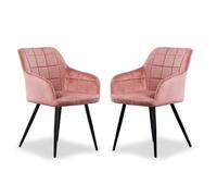 Life Interiors Set Of 2 Pink Camden Modern Velvet Dining Chairs With Armrests, Quilted Design & Black Metal Legs