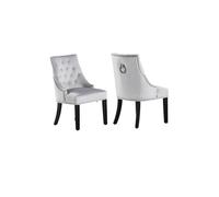 Life Interiors Set of 2 Velvet Dining Chairs Scoop Knockerback & Button Tufted, Solid Wood Legs in Light Grey Life Interiors Light Grey