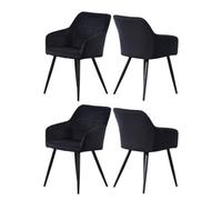 Life Interiors Set Of 4 Black Camden Modern Velvet Dining Chairs With Armrests, Quilted Design & Black Metal Legs
