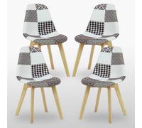 Life Interiors Set Of 4 Black/white Patchwork Fabric Chairs With Wooden Legs, Modern Accent Chair For Living Room & Office