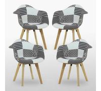 Life Interiors Set Of 4 Black/white Patchwork Fabric Dining Chairs With Wooden Legs, Modern Accent Chair