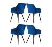 Life Interiors Set Of 4 Blue Camden Modern Velvet Dining Chairs With Armrests, Quilted Design & Black Metal Legs