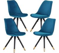 Life Interiors Set Of 4 Blue Sofia Ergonomic Modern Dining Chairs Upholstered In Velvet, Metal Legs With Gold End Tips