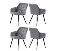 Life Interiors Set Of 4 Dark Grey Camden Modern Velvet Dining Chairs With Armrests, Quilted Design & Black Metal Legs