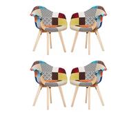 Life Interiors Set Of 4 Patchwork Fabric Upholstered Accent Chairs With Wooden Legs, Mid-Century Modern Armchair Multi
