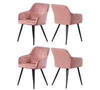 Life Interiors Set Of 4 Pink Camden Modern Velvet Dining Chairs With Armrests, Quilted Design & Black Metal Legs