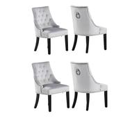 Life Interiors Set of 4 Velvet Dining Chairs Scoop Knockerback & Button Tufted, Solid Wood Legs in Light Grey Life Interiors Light Grey