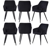 Life Interiors Set Of 6 Black Camden Modern Velvet Dining Chairs With Armrests, Quilted Design & Black Metal Legs
