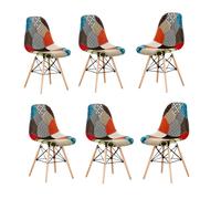Life Interiors Set of 6 Colorful Patchwork Accent Chairs with Wooden Legs and Metal Wire Frame Mid-Century Modern Dining Chair - Fabric - Multicolor - Retro
