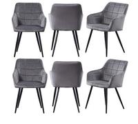 Life Interiors Set Of 6 Dark Grey Camden Modern Velvet Dining Chairs With Armrests, Quilted Design & Black Metal Legs