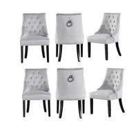 Life Interiors Set Of 6 Light Grey Velvet Dining Chairs Ergonomic Scoop Knockerback & Button Tufted Wood Legs