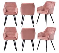 Life Interiors Set Of 6 Pink Camden Modern Velvet Dining Chairs With Armrests, Quilted Design & Black Metal Legs