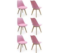 Set of 6 Scandinavian Dining Chairs Leather Cushions Solid Wood Legs Life Interiors Pink One Size