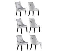 Life Interiors Set of 6 Velvet Dining Chairs Scoop Knockerback & Button Tufted, Solid Wood Legs in Light Grey Life Interiors Light Grey