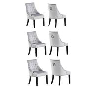 Life Interiors Set Of 6 Velvet Dining Chairs Scoop Knockerback & Button Tufted, Solid Wood Legs In Light Grey Light Grey One Size