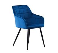 Life Interiors Single Blue Camden Modern Velvet Dining Chair With Armrests, Quilted Design & Black Metal Legs