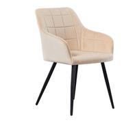 Life Interiors Single Cream Camden Modern Velvet Dining Chair With Armrests, Quilted Design & Black Metal Legs