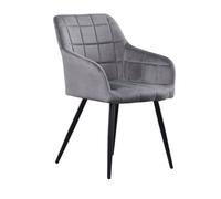 Life Interiors Single Dark Grey Camden Modern Velvet Dining Chair With Armrests, Quilted Design & Black Metal Legs