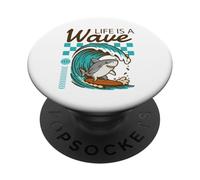 Life Is A Wave Funny Surfing Shark Retro Beach PopSockets Adhesive PopGrip