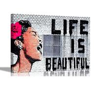 Life is Beautiful by Banksy Canvas Prints Wall Art Inspirational Quotes Graffiti Pictures Framed Hanging Artwork 60 x 40cm (24 x 16 inches) A2
