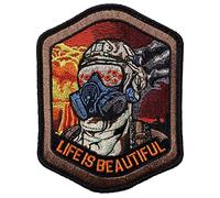 Life is Beautiful - Field of Poppies Reflected in M5O CBRN Gas Mask - Tactical Morale Patch with Hook-Fastener Backing