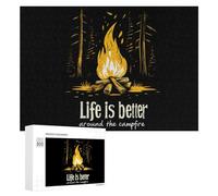 Life Is Better Around The Campfire Funny Wooden Puzzle with Storage Box Adults Jigsaw Puzzles Challenge for Family Game Birthday Gift