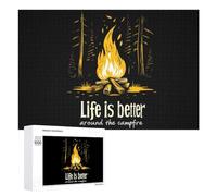 Life Is Better Around The Campfire Funny Wooden Puzzle with Storage Box Adults Jigsaw Puzzles Challenge for Family Game Birthday Gift