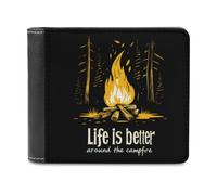 Life is Better Around The Campfire Leather Men's Bifold Wallet Minimalist Coin Purse with Hidden Slots Simple Credit Card Holder Gifts