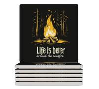 Life Is Better Around The Campfire Square Ceramic Coaster Set with Non-Slip Cork Base Drink Coasters Tabletop Protection for Home Kitchen Bar
