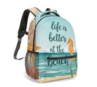 Life is Better at the Beach 16 Inch Backpack Seahorse Starfish Flat Illustration Summer Vacation Coral Print Travel Bag (01)