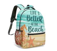 Life is Better at the Beach 16 Inch Backpack Seahorse Starfish Flat Illustration Summer Vacation Coral Print Travel Bag (02)