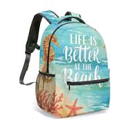 Life is Better at the Beach 16 Inch Backpack Seahorse Starfish Flat Illustration Summer Vacation Coral Print Travel Bag (04)
