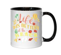 Life is Better at The Beach Balloon and Sea Shells Graphic Ceramic Tea Coffee Mug Black