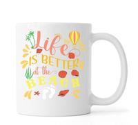 Life is Better at The Beach Balloon and Sea Shells Graphic Ceramic Tea Coffee Mug White