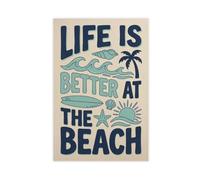 Life Is Better At The Beach Coastal With Surfboard Palm Tree And Wave Nautical Beach Canvas Poster Wall Art Decor Print Picture Paintings for Living Room Bedroom Decoration 12" L X 18" W